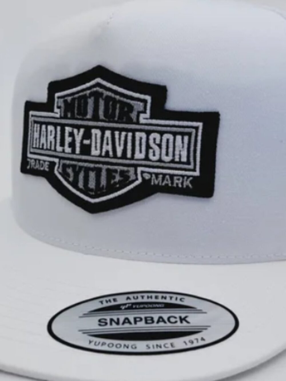 White Flat Bill Yupoong With Harley Davidson Patch SnapBack Hat Cap